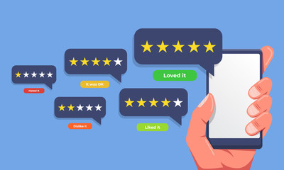 Holding phone in hand and rate content with a star mockup. Empty, editable screen for online shopping, marketing and other needs. Editable smartphone template vector illustration.