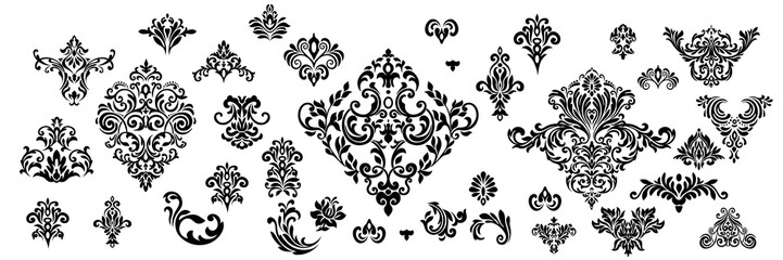 Damask white and black ornament.Traditional pattern.Decorative element eastern tracery.Floral ,victorian,baroque,Indian design. Texture for arabic wallpapers.