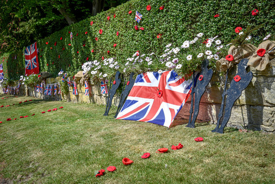 Preparations streets  in Ackworth, West Yorkshire to   celebrate peace after years of devastating war.
