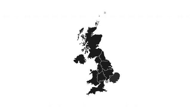 Animated map of United Kingdom showing administrative regions. United Kingdom map with black federal states appearing and fading one by one. Detailed political country map with divisions.4K resolution