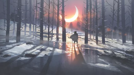 Foto op Plexiglas man in winterbos kijkend naar de gloeiende maankam, digitale kunststijl, illustratie, schilderkunst © grandfailure