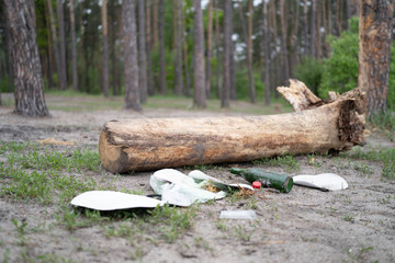 Environmental pollution problem. Plastic garbage and peoples ruins beautiful forest. Environment plastic pollution