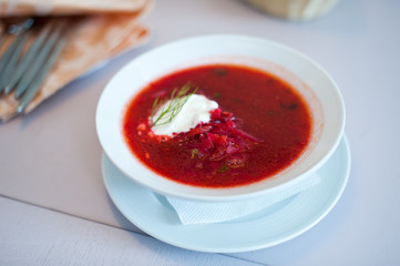 Beautiful ukranian borscht at cafe or restaurant. Shallow depth of field.