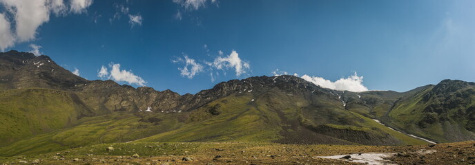 Fototapeta premium View from Khidotani ridge to Atsunta pass in georgia Caucasus. Omalo Shatili trek.