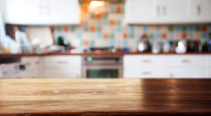 blurred kitchen interior  and desk space home background