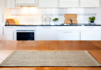 blurred kitchen interior  and desk space home background