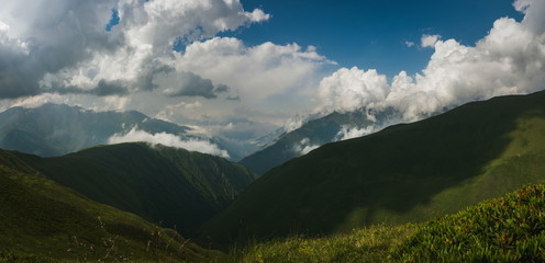 Wonderful view from Khidotani ridge in Khevsureti national park in georgian Caucasus. Omalo Shatili trek.