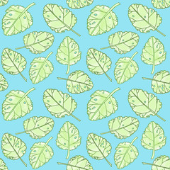 light green spring watercolor graphic leaves seamless pattern on blue background