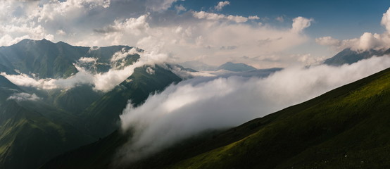 Wonderful view from Khidotani ridge in Khevsureti national park in georgian Caucasus. Omalo Shatili trek.
