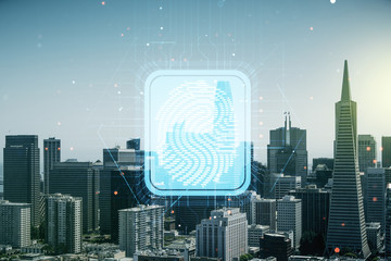 Abstract virtual fingerprint illustration on San Francisco cityscape background, personal biometric data concept. Multiexposure