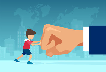 Vector of a small boy fighting back a giant fist, protecting himself from domestic violence