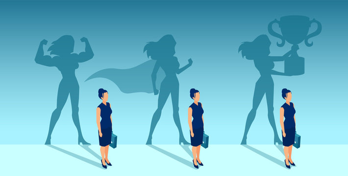 Vector of a business woman with strong winner super hero shadows of her self