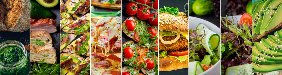Collage of delicious food and fastfood close-up