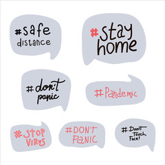 CoronaVirus letters set. Vector flat illustration in doodle style. Clean hands. To stay home. Stop the virus. Do not panic. Social distance. Wash your hands. Stay safe. Labels reflecting global events