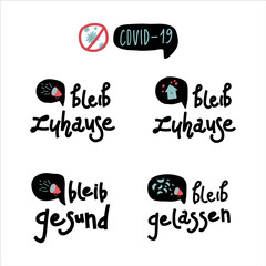 The inscription Be healthy, stay home Be calm in the cloud of text. Vector flat illustration in doodle style. The inscription, pandemic, stopping viruses, reflecting global events in the world. Labels