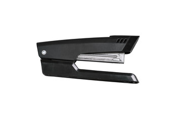 Black office stapler isolated on a white background Stationery for paper stitching.