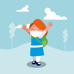 Girl kid cartoon with mask and school bag at park vector design