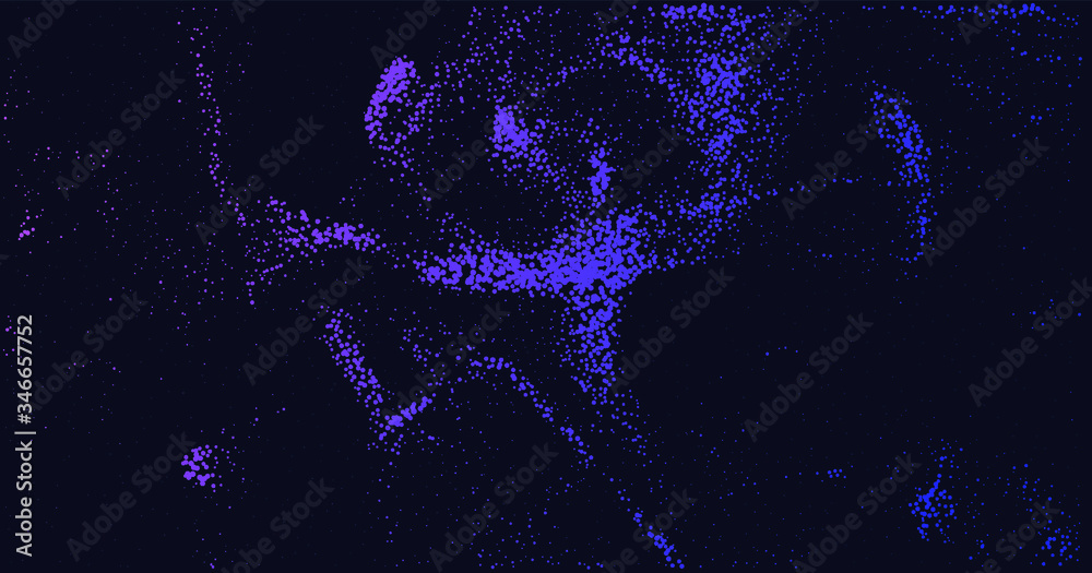 Poster Abstract technology background with paticles, motion of a flow. Generative computer art.
