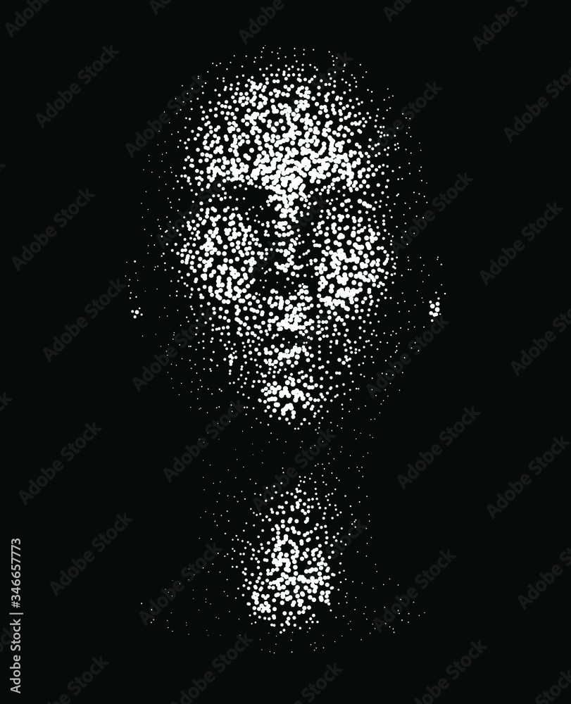 Poster Human head made of partices on dark background. Face made with generative computer art algorithm. Concept of artificial intelligence, identification and recognition systems.