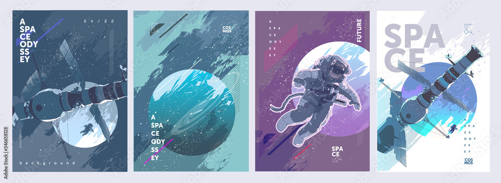 Wall mural a set of vector illustrations. posters and backgrounds about the space and the universe. space odyss