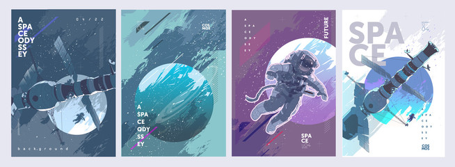 A set of vector illustrations. Posters and backgrounds about the space and the universe. Space odyssey, space, astronaut, planets. - obrazy, fototapety, plakaty