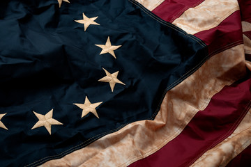 Revolutionary war, patriotism and birth of the United Sates of America concept with closeup on the original 13 star American flag known as the Betsy Ross - 346659138