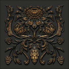 3d render, black gold antique floral carving, embossing, aged metallic tile, embossed botanical pattern, medieval ornament, ancient ironwork, tropical flowers and leaves motif