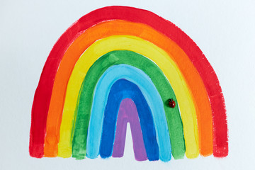Thank to NHS. Childrens hand drawing rainbow on paper. Greating card for nurses. Ladybug sat on a...