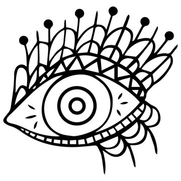 Black and white stylized hand-drawn eye with highlights, two circles in the pupil and eyelids on the eyelids. Tribal amulet and amulet in the style of the Aztecs and Mayans. Vector.