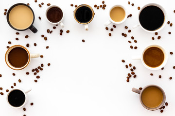 Many cups of coffee on white desk top view space for text
