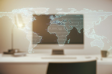 Multi exposure of abstract graphic world map on modern computer background, big data and networking concept concept