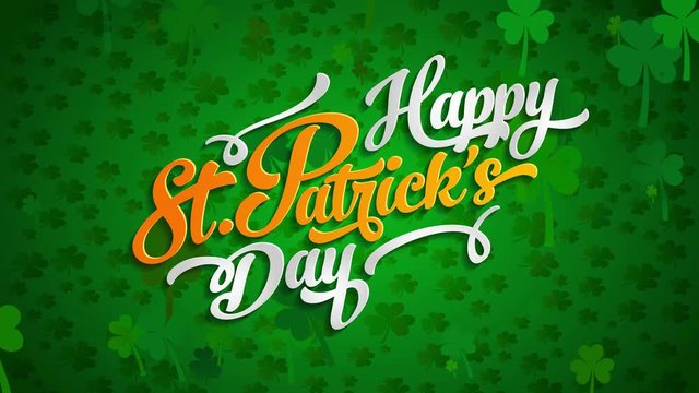 lucky happy st patricks day theme over 4 leaf clover pattern background and irish flag colors letters