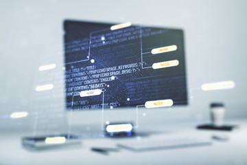 Double exposure of abstract creative programming illustration on computer background, big data and blockchain concept