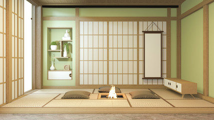 Nihon green room design interior with door paper and cabinet shelf wall on tatami mat floor room...