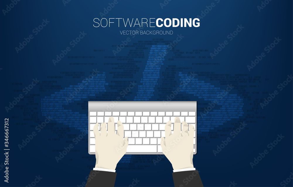 Aufkleber Businessman hand key in data with computer keyboard and HTML tag with one and zero digit matrix style. Concept for software development programming