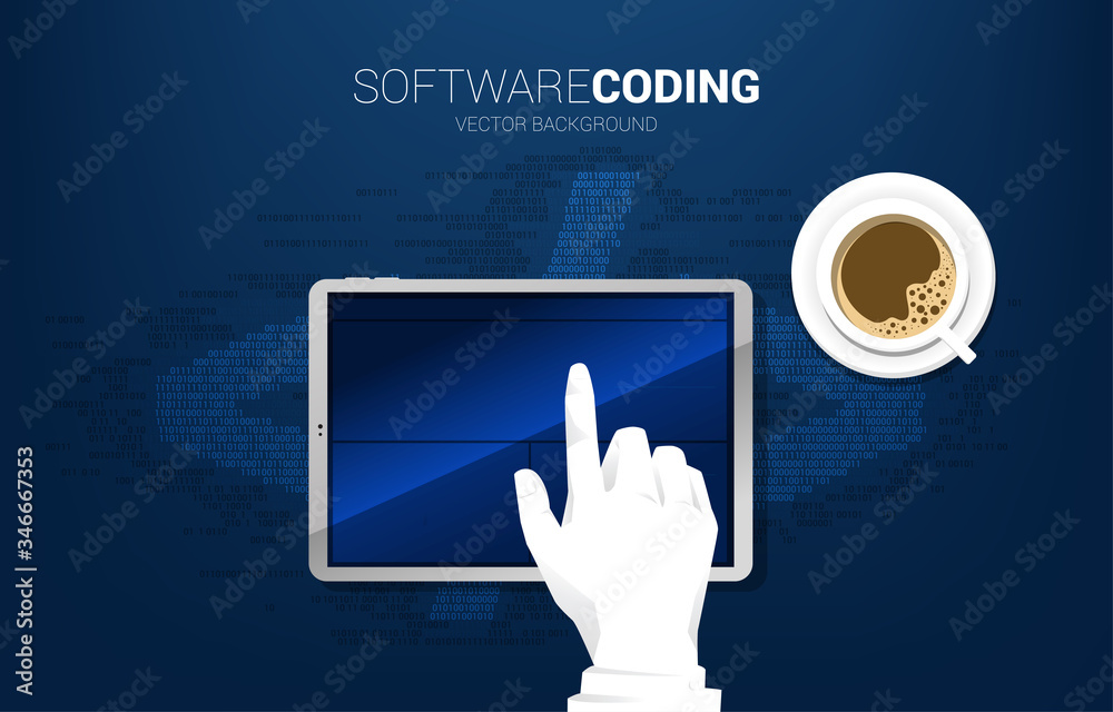 Poster Businessman hand click on tablet and background cloud with one and zero digit matrix style. 