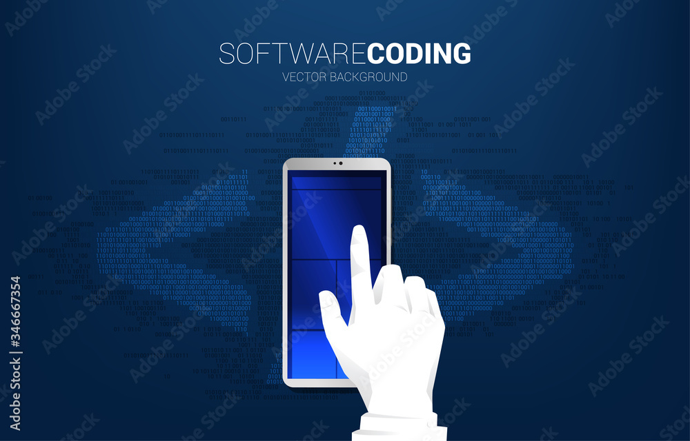 Poster Businessman hand click on mobile phone and background cloud with one and zero digit matrix style. 