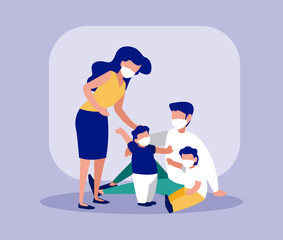 Family with masks in front of frame vector design