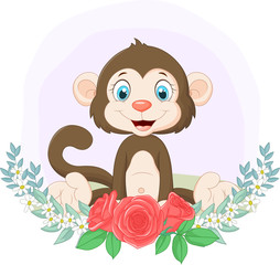 Cartoon cute monkey sitting with flowers background