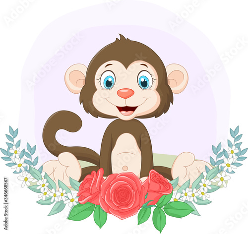 Cartoon Cute Monkey Sitting With Flowers Background Wall Mural Wallpaper Murals Tigatelu