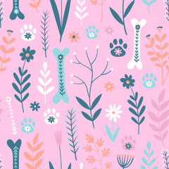 Seamless vector pattern with cute bones for dogs, dog footprint and flowers. Pink background.