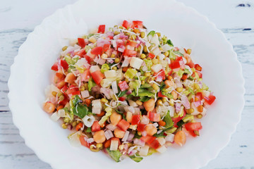 healthy summer salad with lettuce, tomato, apple, onion bean sprout and chick peas