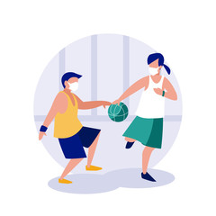 Woman and man with mask playing basketball at home vector design