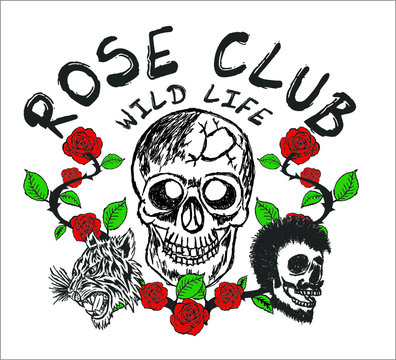 skull and rose print embroidery graphic design vector art