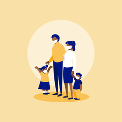 Family with masks in front of circle vector design