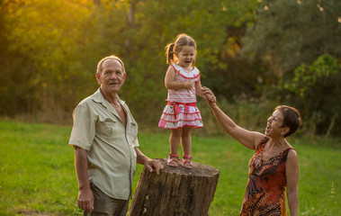 small girl with grandmother and father walk in the park summer