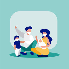 Family with masks in front of frame vector design