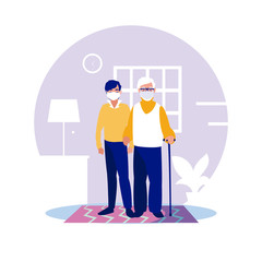 Man and grandfather with mask at home vector design