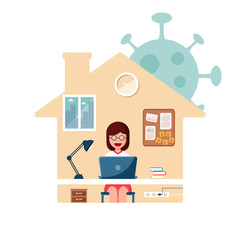 A woman work from home with laptop during an outbreak of coronavirus