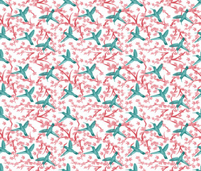 Humming bird seamless textile print, repeat, green, pink, coral, white.